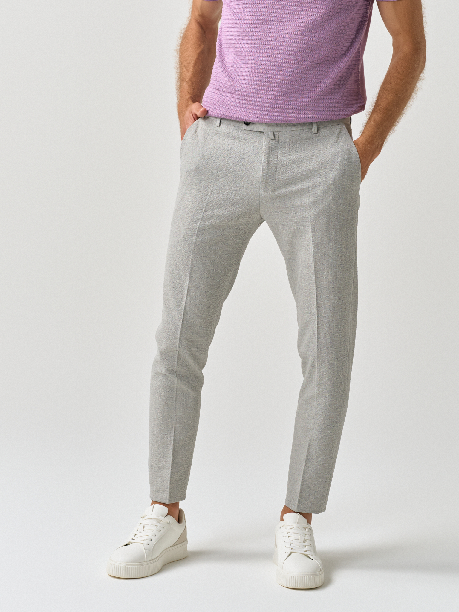 Textured slim fit trousers crafted from quality textile with a touch of stretch for added comfort for men from You.Boutique