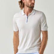 Lightweight knit zip polo shirt in white with line detail for men from You.Boutique