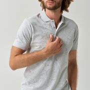 Light grey cotton polo shirt with a print design for men from You.Boutique