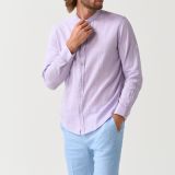 Grandad-collar shirt in lilac linen and cotton blend for men from You.Boutique