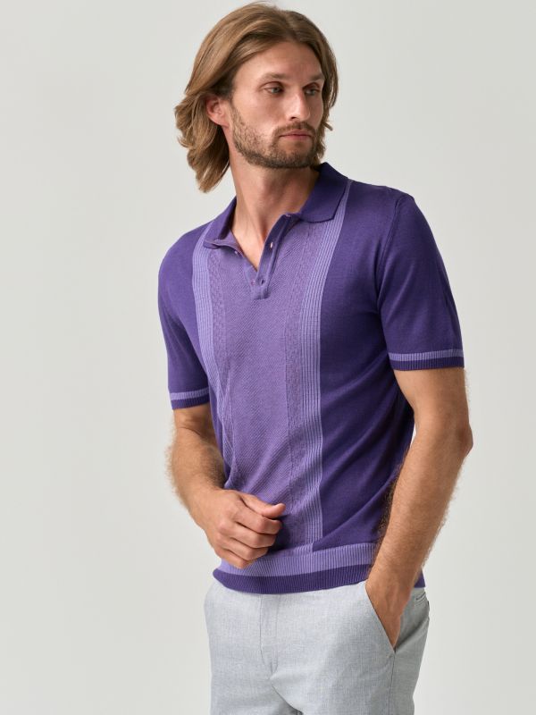 Textured stripe knit polo shirt in violet with a stylish design for men from You.Boutique