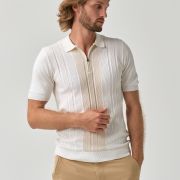 Stylish white knit polo shirt with textured stripes for men from You.Boutique