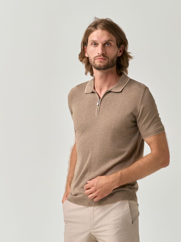 Lightweight knit zip polo shirt in brown with line detail for men from You.Boutique