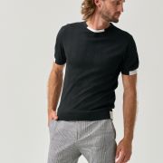 Black textured knit T-shirt with stylish white accents for men from You.Boutique