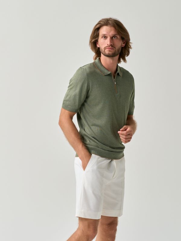 Lightweight knit zip polo shirt in green with line detail for men from You.Boutique